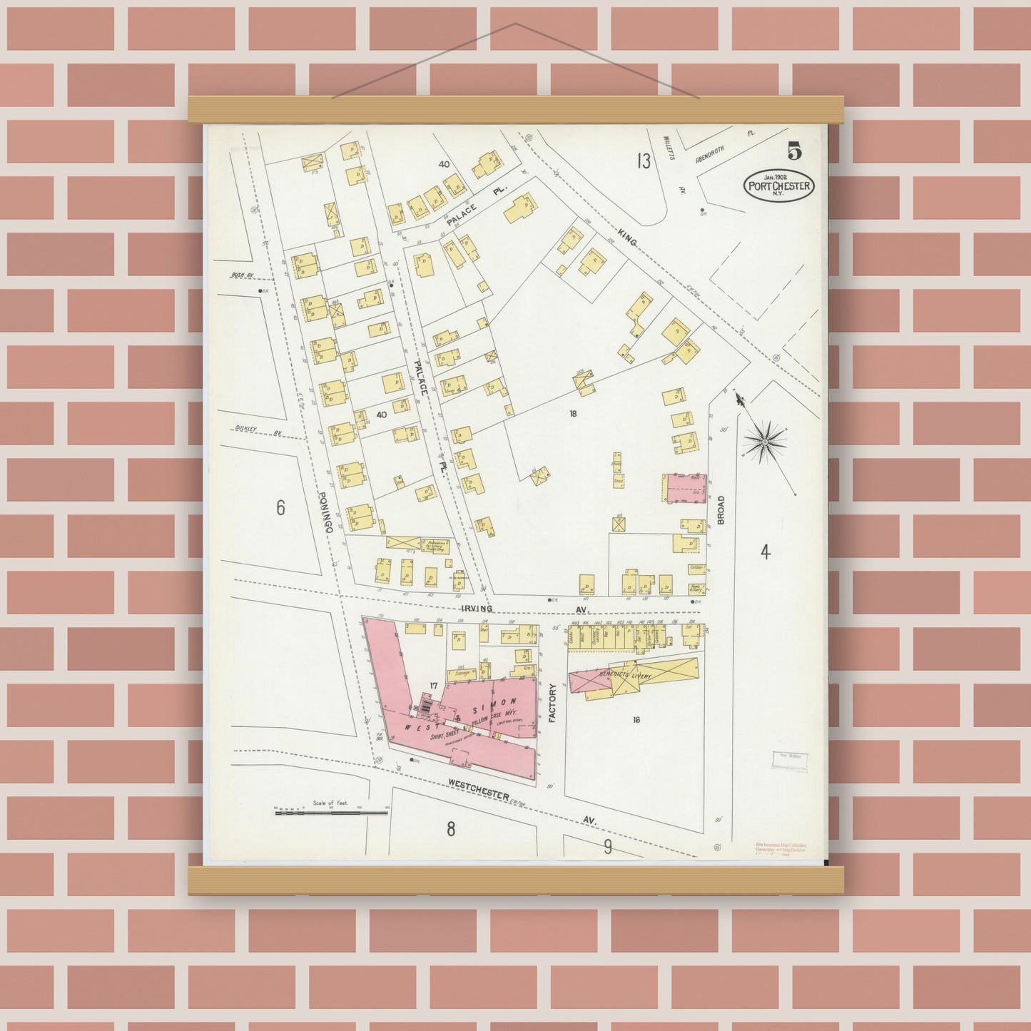 Old map wall art mockup — magnetic wood frame on brick wall — Sanborn Fire Insurance Map from Port Chester, Westchester County, New York (1902), Sheet #0005