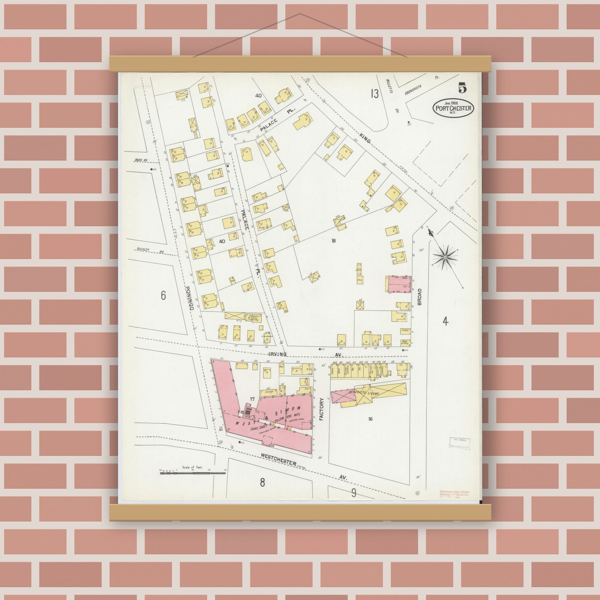 Old map wall art mockup — magnetic wood frame on brick wall — Sanborn Fire Insurance Map from Port Chester, Westchester County, New York (1902), Sheet #0005