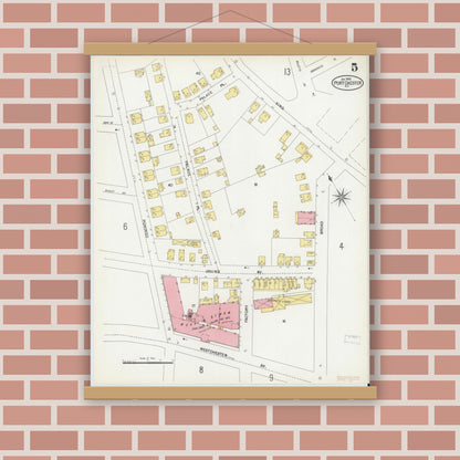 Old map wall art mockup — magnetic wood frame on brick wall — Sanborn Fire Insurance Map from Port Chester, Westchester County, New York (1902), Sheet #0005