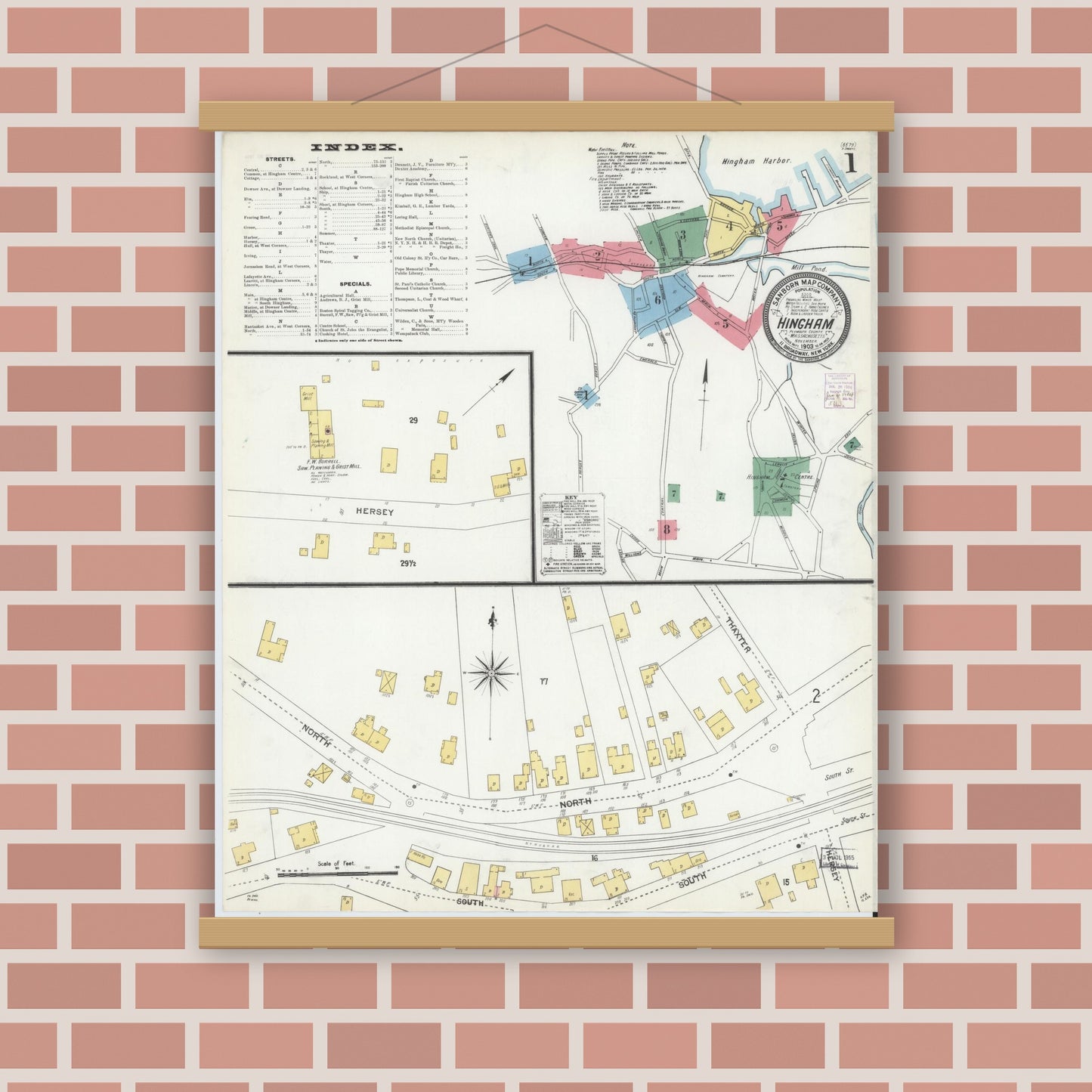 Old map wall art mockup — magnetic wood frame on brick wall — Sanborn Fire Insurance Map from Hingham, Plymouth County, Massachusetts (1903) - Complete Map Set