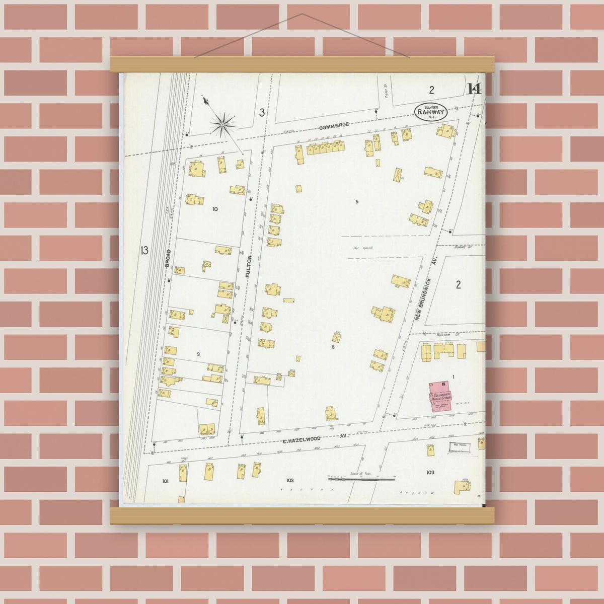 Old map wall art mockup — magnetic wood frame on brick wall — Sanborn Fire Insurance Map from Rahway, Union County, New Jersey (1901), Sheet #0014