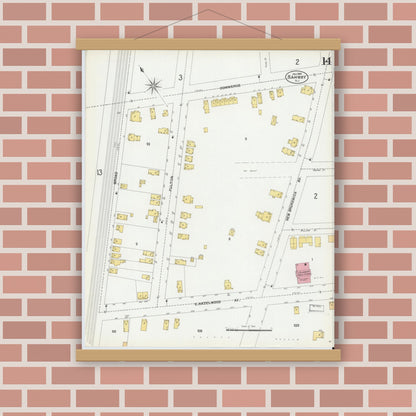 Old map wall art mockup — magnetic wood frame on brick wall — Sanborn Fire Insurance Map from Rahway, Union County, New Jersey (1901), Sheet #0014
