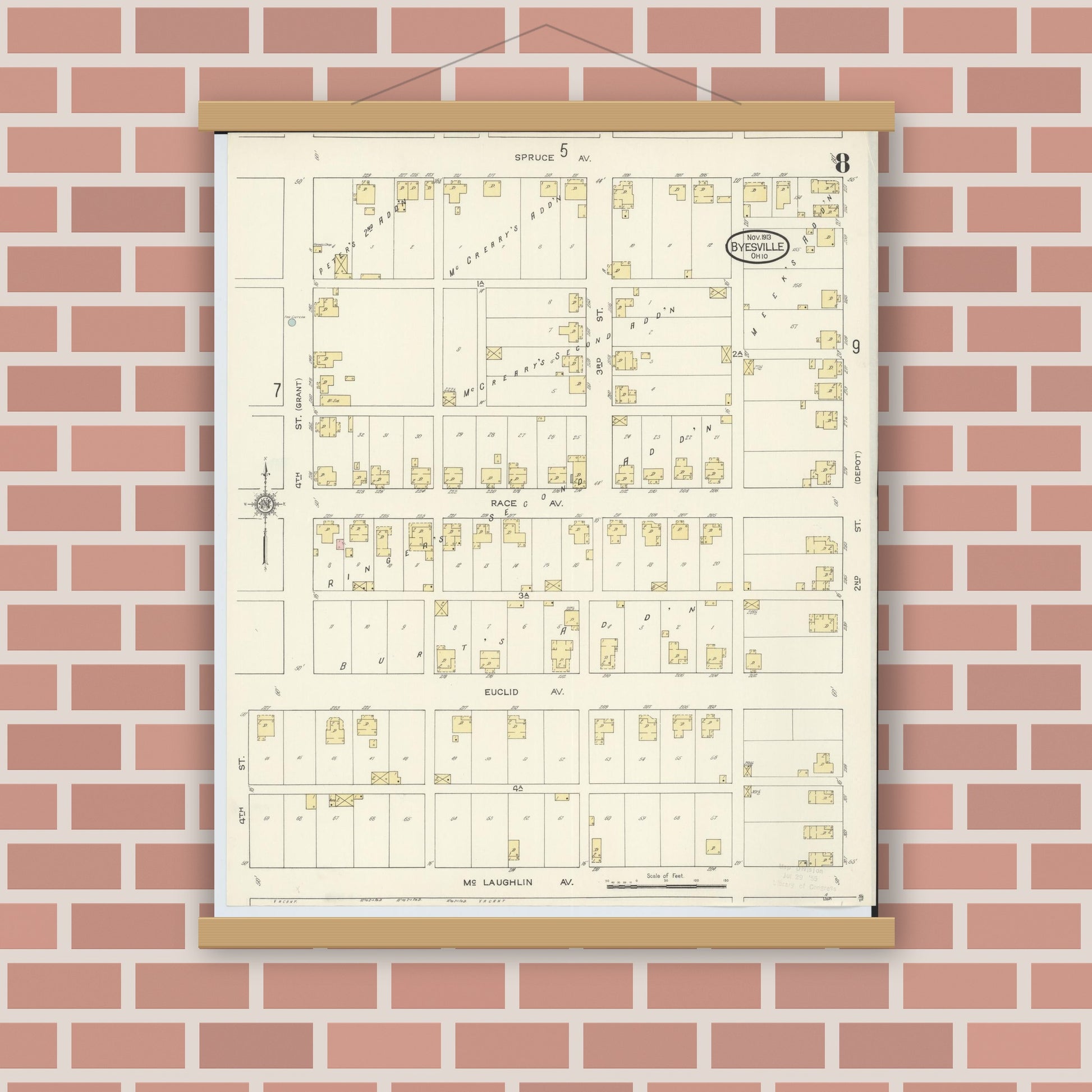 Old map wall art mockup — magnetic wood frame on brick wall — Sanborn Fire Insurance Map from Byesville, Guernsey County, Ohio (1913), Sheet #0008