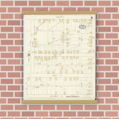 Old map wall art mockup — magnetic wood frame on brick wall — Sanborn Fire Insurance Map from Byesville, Guernsey County, Ohio (1913), Sheet #0008