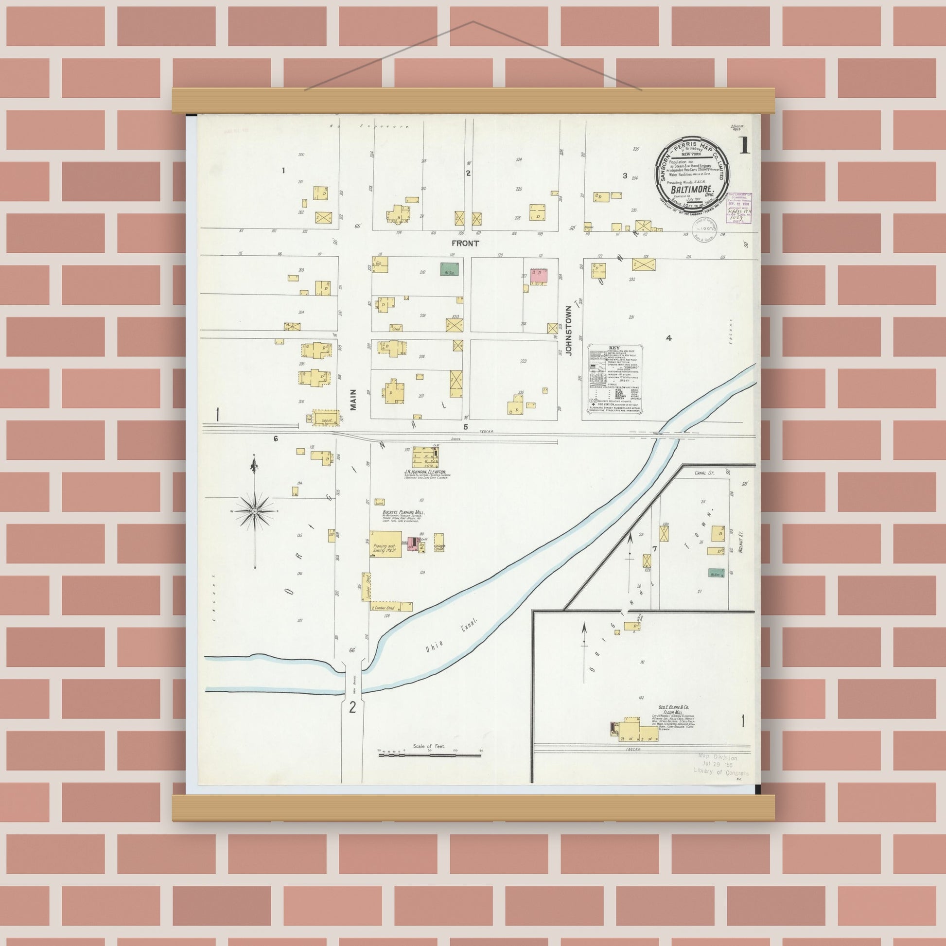 Old map wall art mockup — magnetic wood frame on brick wall — Sanborn Fire Insurance Map from Baltimore, Fairfield County, Ohio (1901) - Complete Map Set