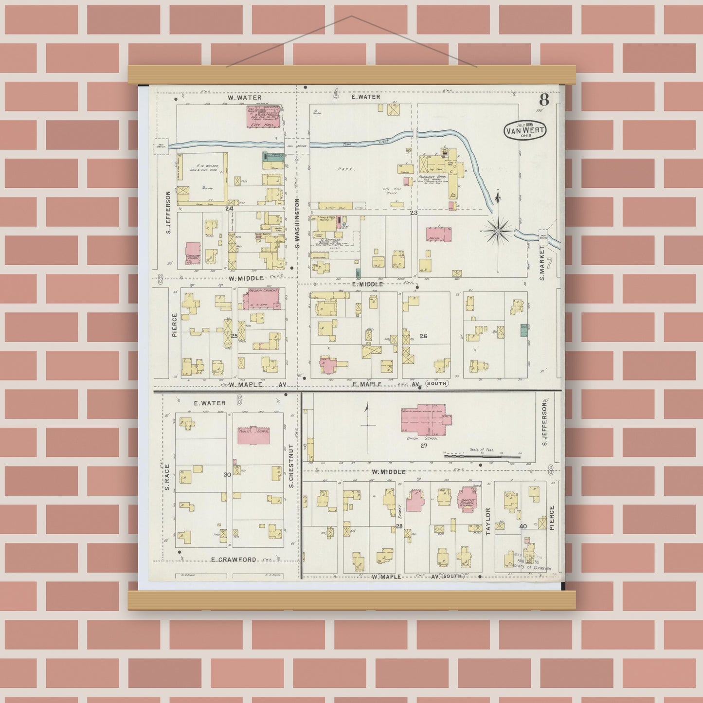 Old map wall art mockup — magnetic wood frame on brick wall — Sanborn Fire Insurance Map from Van Wert, Van Wert County, Ohio (1895), Sheet #0008