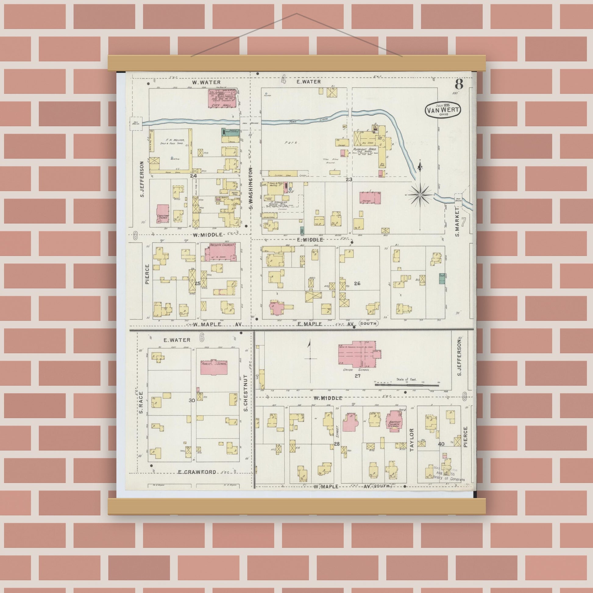 Old map wall art mockup — magnetic wood frame on brick wall — Sanborn Fire Insurance Map from Van Wert, Van Wert County, Ohio (1895), Sheet #0008