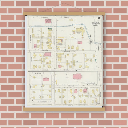 Old map wall art mockup — magnetic wood frame on brick wall — Sanborn Fire Insurance Map from Van Wert, Van Wert County, Ohio (1895), Sheet #0008