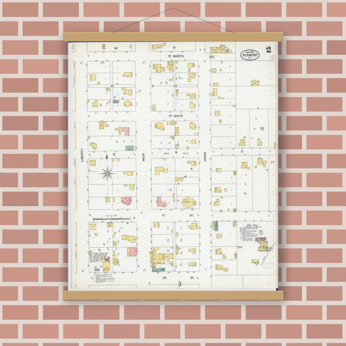 Old map wall art mockup — magnetic wood frame on brick wall — Sanborn Fire Insurance Map from Vermont, Fulton County, Illinois (1900), Sheet #0002