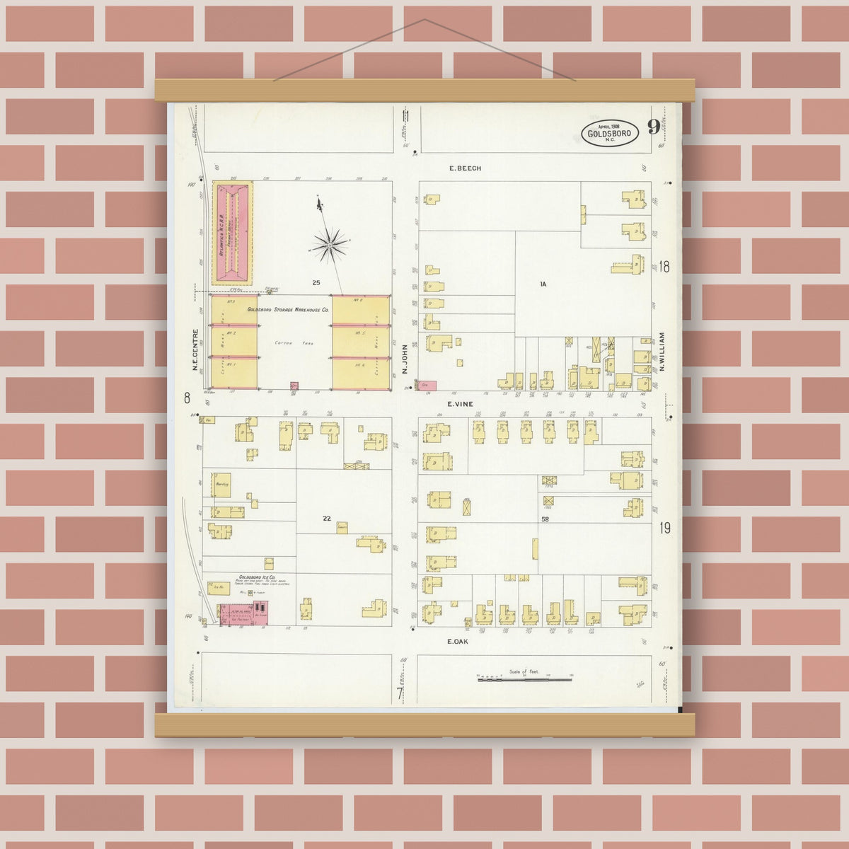 Old map wall art mockup — magnetic wood frame on brick wall — Sanborn Fire Insurance Map from Goldsboro, Wayne County, North Carolina (1908), Sheet #0009