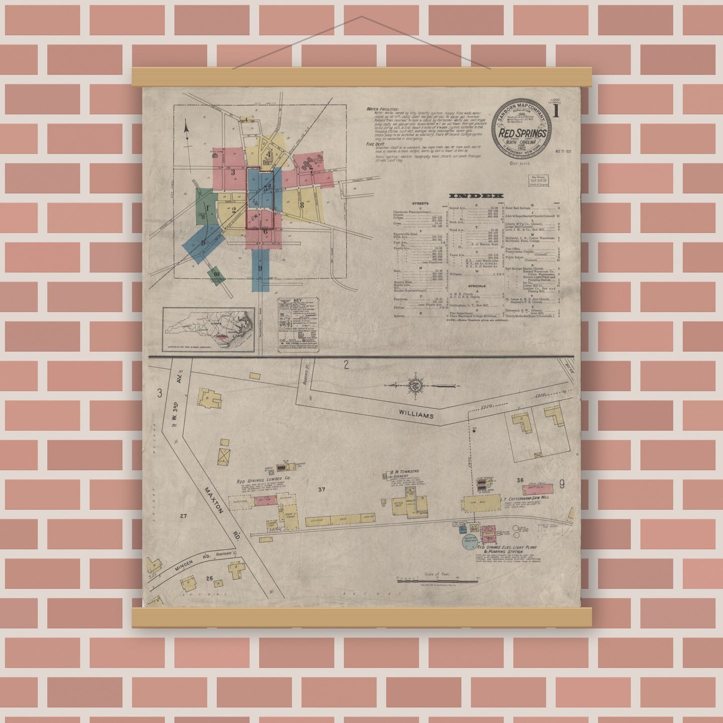 Old map wall art mockup — magnetic wood frame on brick wall — Sanborn Fire Insurance Map from Red Springs, Robeson County, North Carolina (1922) - Complete Map Set