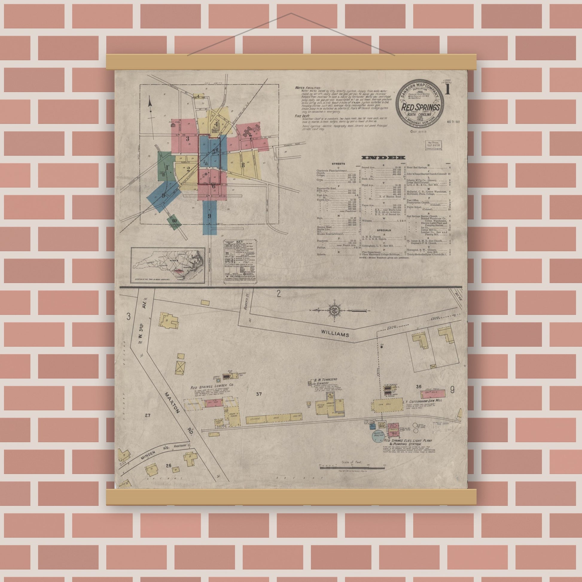Old map wall art mockup — magnetic wood frame on brick wall — Sanborn Fire Insurance Map from Red Springs, Robeson County, North Carolina (1922) - Complete Map Set
