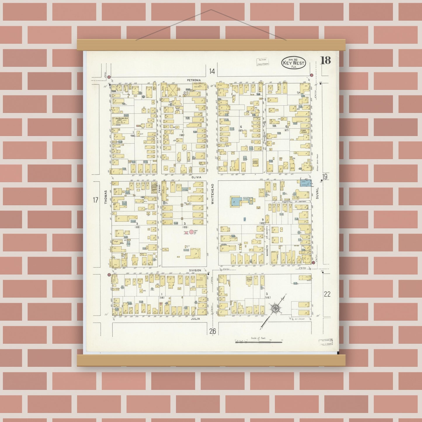 Old map wall art mockup — magnetic wood frame on brick wall — Sanborn Fire Insurance Map from Key West, Monroe County, Florida (1912), Sheet #0018