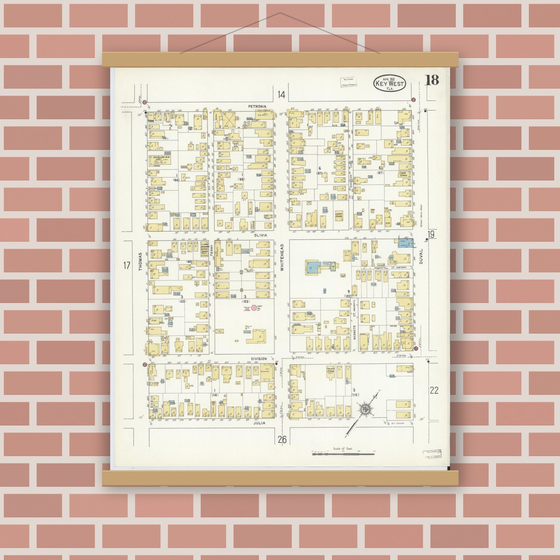Old map wall art mockup — magnetic wood frame on brick wall — Sanborn Fire Insurance Map from Key West, Monroe County, Florida (1912), Sheet #0018