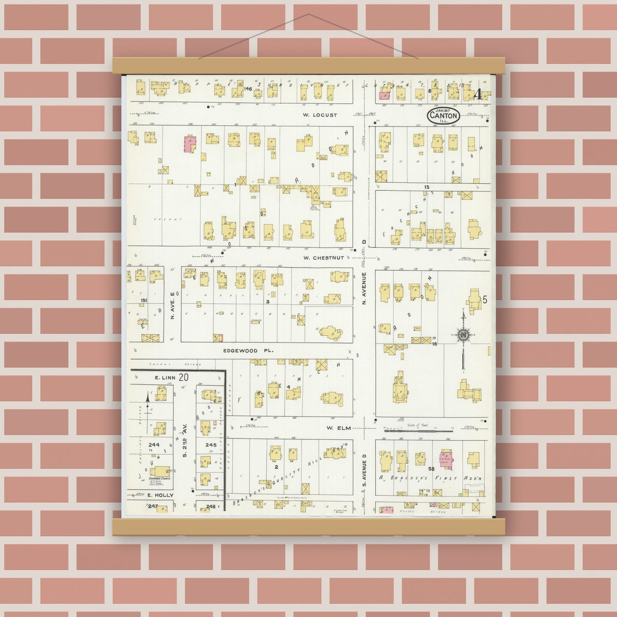 Old map wall art mockup — magnetic wood frame on brick wall — Sanborn Fire Insurance Map from Canton, Fulton County, Illinois (1917), Sheet #0004