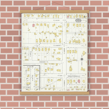 Old map wall art mockup — magnetic wood frame on brick wall — Sanborn Fire Insurance Map from Canton, Fulton County, Illinois (1917), Sheet #0004
