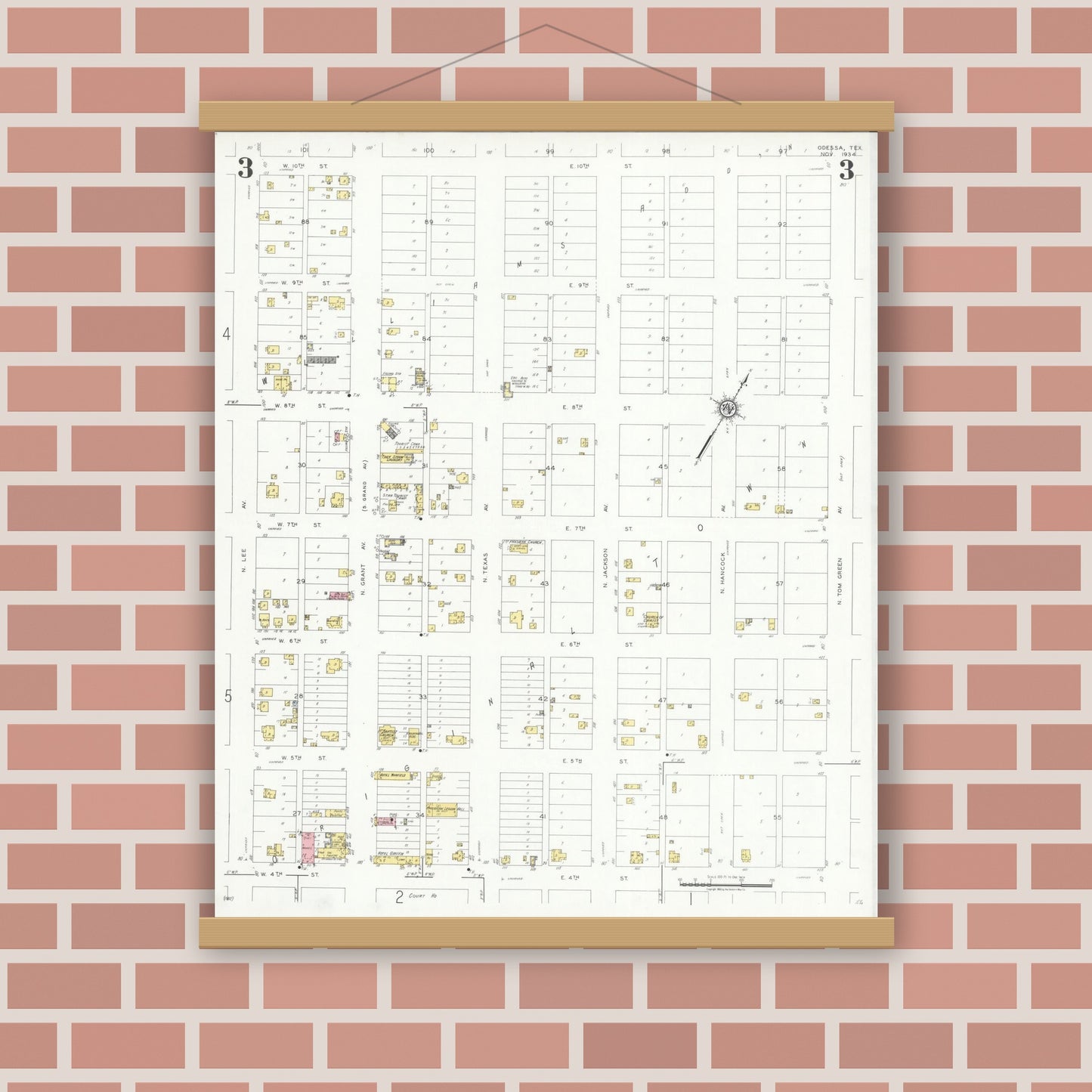 Old map wall art mockup — magnetic wood frame on brick wall — Sanborn Fire Insurance Map from Odessa, Edger County, Texas (1934), Sheet #0003