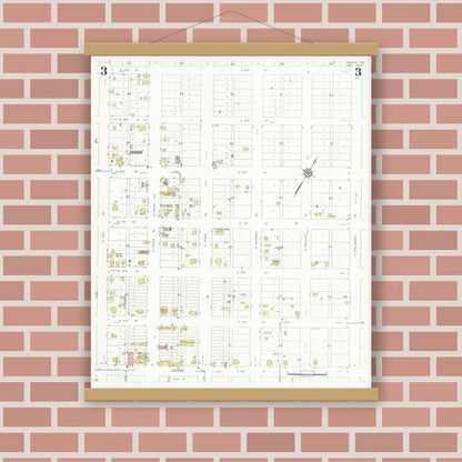Old map wall art mockup — magnetic wood frame on brick wall — Sanborn Fire Insurance Map from Odessa, Edger County, Texas (1934), Sheet #0003