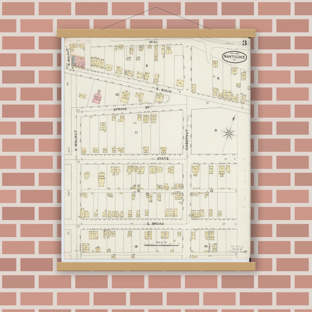 Old map wall art mockup — magnetic wood frame on brick wall — Sanborn Fire Insurance Map from Nanticoke, Luzerne County, Pennsylvania (1888), Sheet #0003