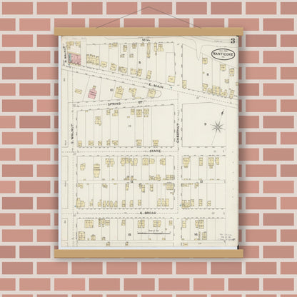 Old map wall art mockup — magnetic wood frame on brick wall — Sanborn Fire Insurance Map from Nanticoke, Luzerne County, Pennsylvania (1888), Sheet #0003
