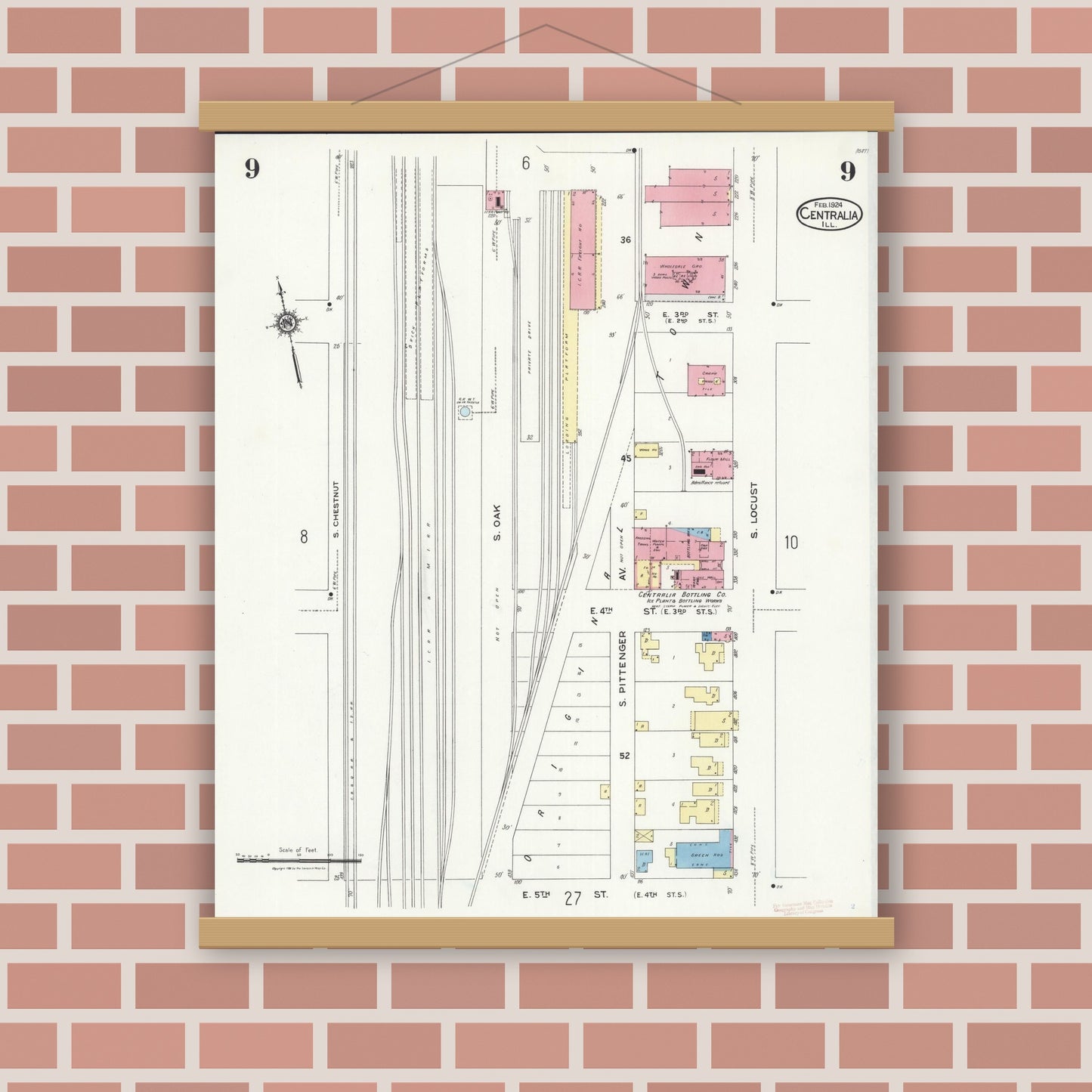 Old map wall art mockup — magnetic wood frame on brick wall — Sanborn Fire Insurance Map from Centralia, Marion, Clinton, Jefferson, and Washington Counties, Illinois (1924), Sheet #0009