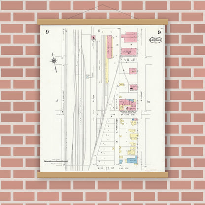 Old map wall art mockup — magnetic wood frame on brick wall — Sanborn Fire Insurance Map from Centralia, Marion, Clinton, Jefferson, and Washington Counties, Illinois (1924), Sheet #0009