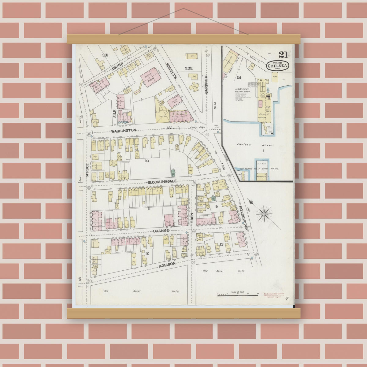 Old map wall art mockup — magnetic wood frame on brick wall — Sanborn Fire Insurance Map from Chelsea, Suffolk County, Massachusetts (1889), Sheet #0021