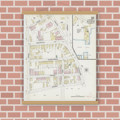 Old map wall art mockup — magnetic wood frame on brick wall — Sanborn Fire Insurance Map from Chelsea, Suffolk County, Massachusetts (1889), Sheet #0021