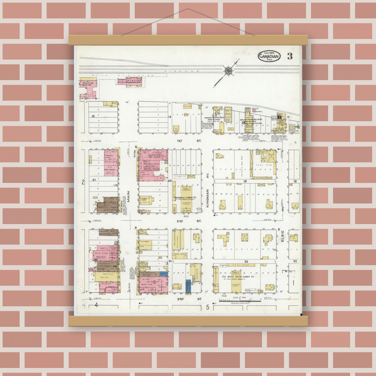 Old map wall art mockup — magnetic wood frame on brick wall — Sanborn Fire Insurance Map from Canadian, Hemphill County, Texas (1920), Sheet #0003