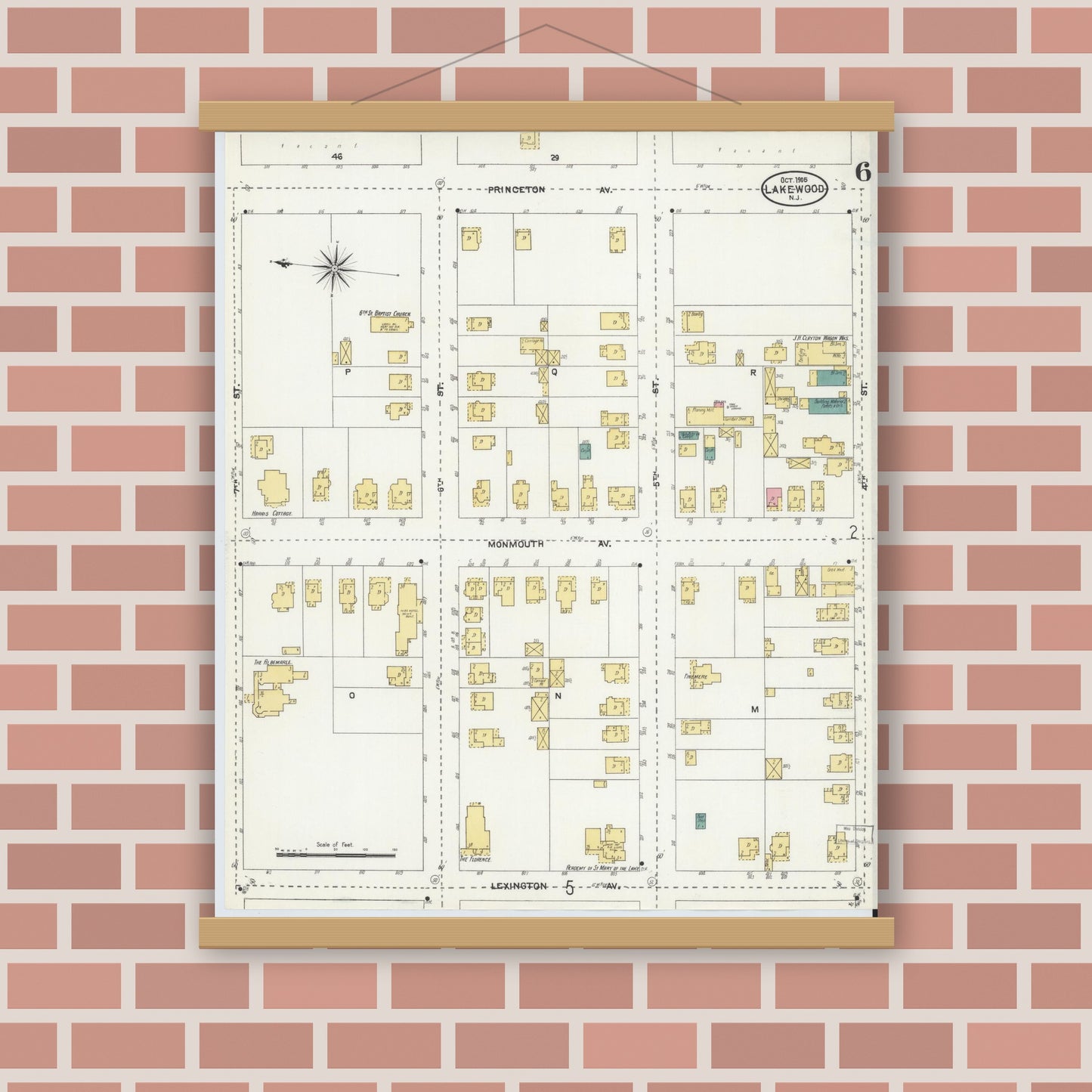 Old map wall art mockup — magnetic wood frame on brick wall — Sanborn Fire Insurance Map from Lakewood, Ocean County, New Jersey (1905), Sheet #0006