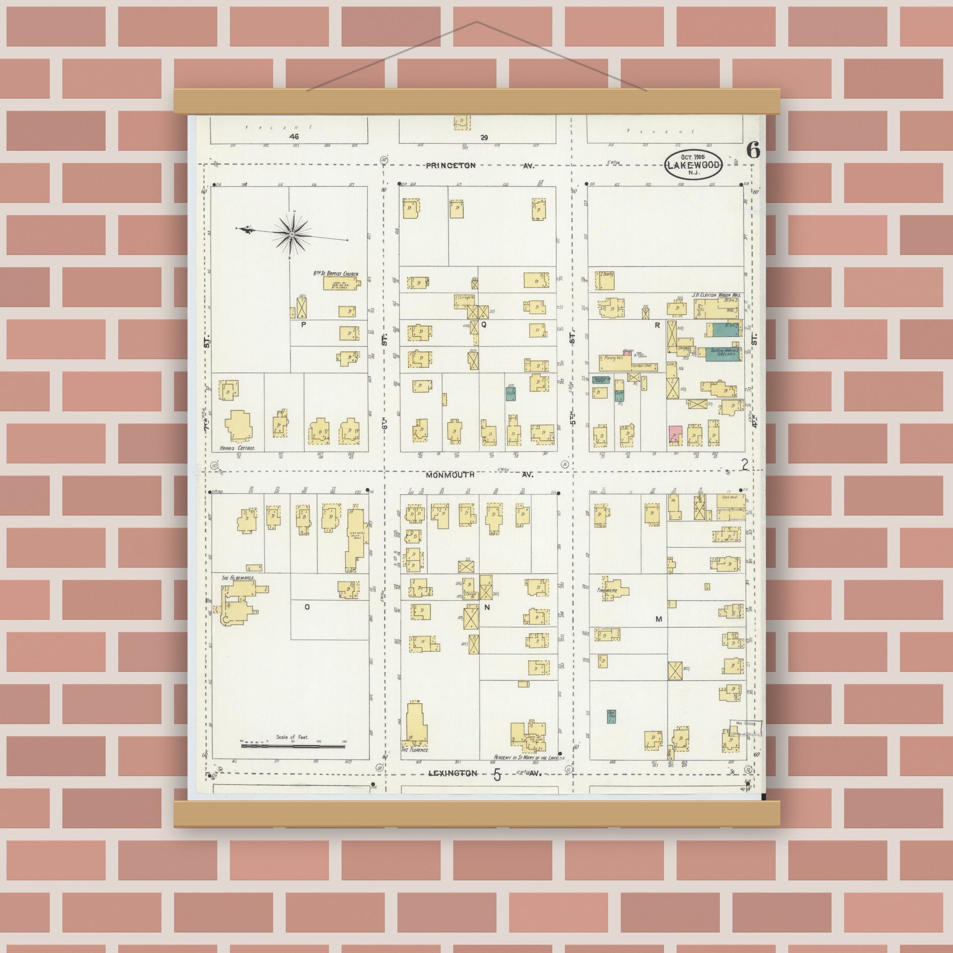 Old map wall art mockup — magnetic wood frame on brick wall — Sanborn Fire Insurance Map from Lakewood, Ocean County, New Jersey (1905), Sheet #0006