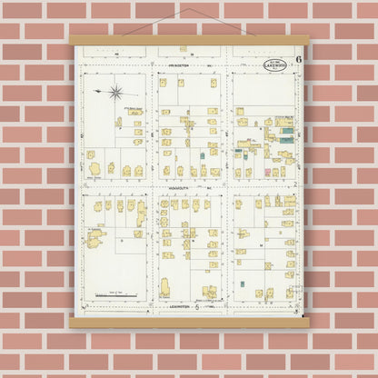 Old map wall art mockup — magnetic wood frame on brick wall — Sanborn Fire Insurance Map from Lakewood, Ocean County, New Jersey (1905), Sheet #0006