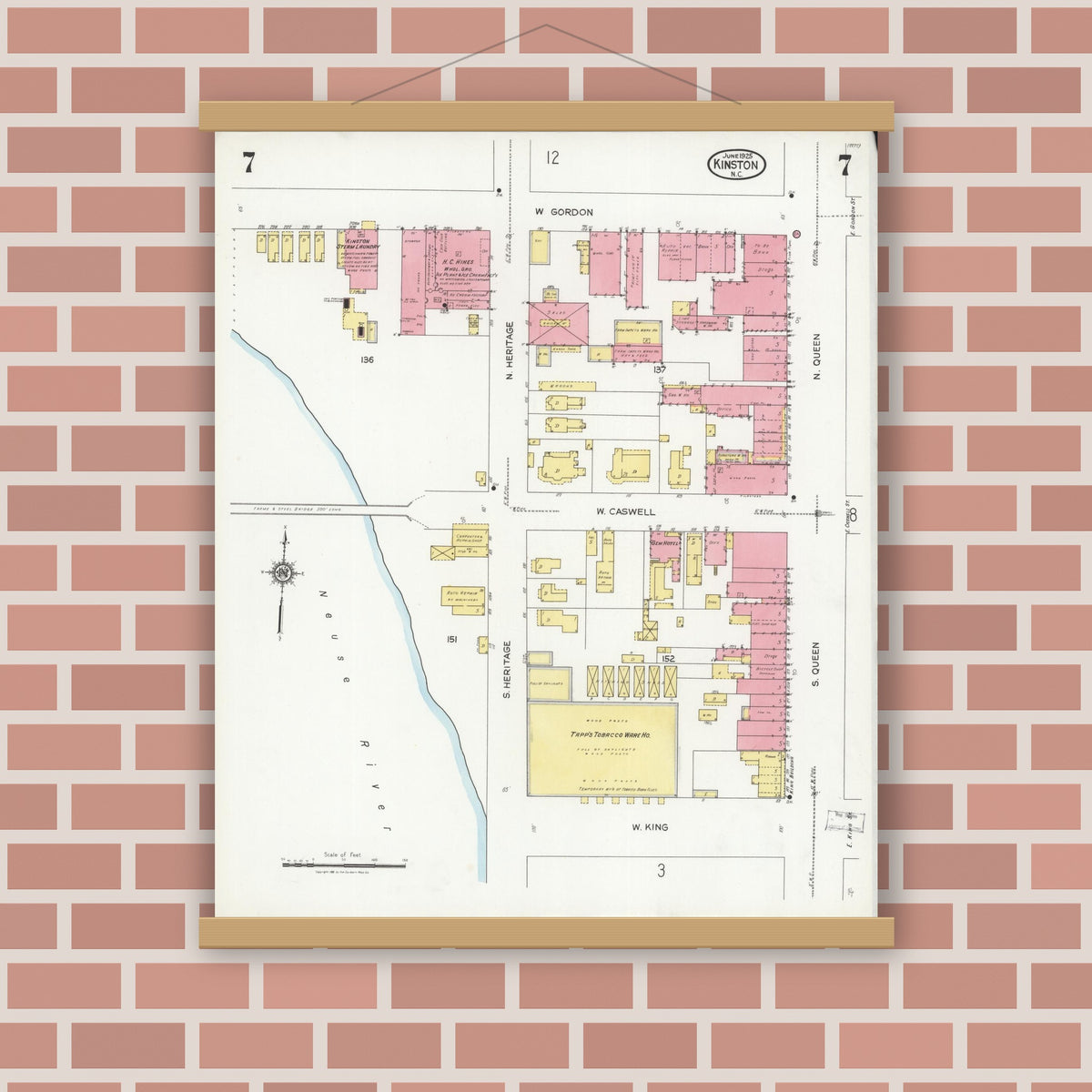 Old map wall art mockup — magnetic wood frame on brick wall — Sanborn Fire Insurance Map from Kinston, Lenoir County, North Carolina (1925), Sheet #0007