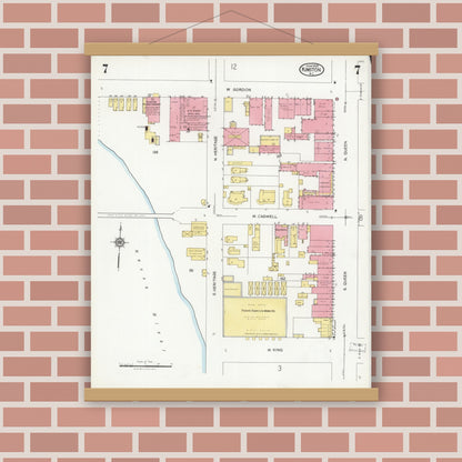 Old map wall art mockup — magnetic wood frame on brick wall — Sanborn Fire Insurance Map from Kinston, Lenoir County, North Carolina (1925), Sheet #0007