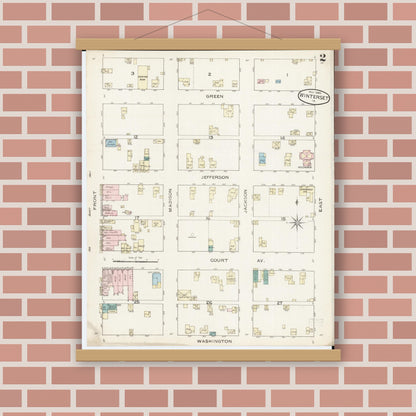 Old map wall art mockup — magnetic wood frame on brick wall — Sanborn Fire Insurance Map from Winterset, Madison County, Iowa (1886), Sheet #0002
