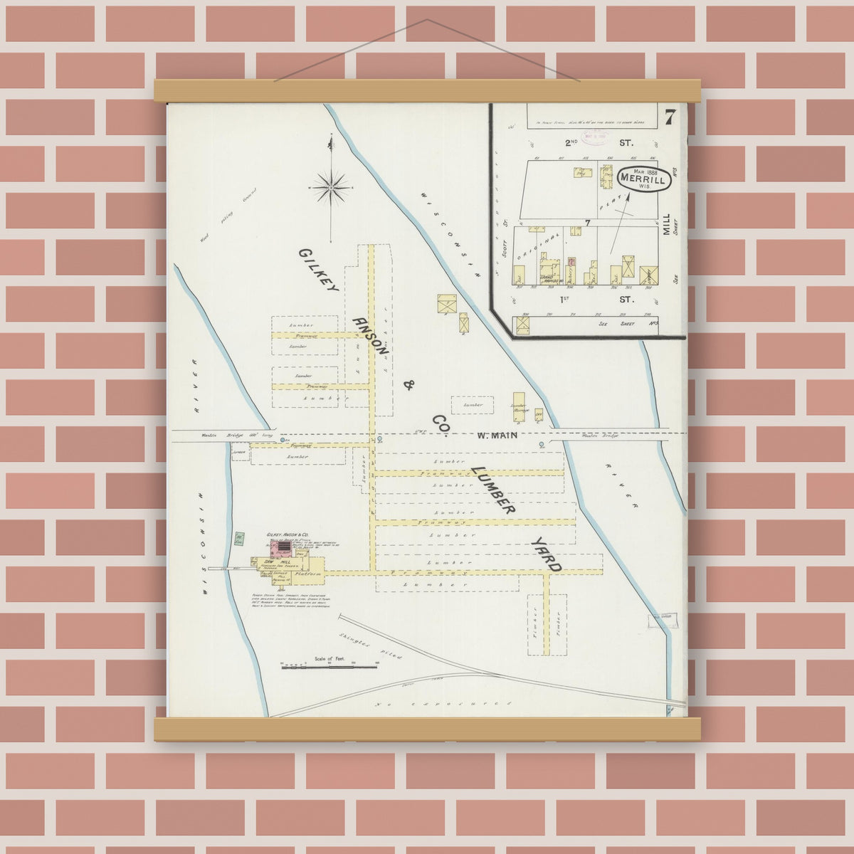Old map wall art mockup — magnetic wood frame on brick wall — Sanborn Fire Insurance Map from Merrill, Lincoln County, Wisconsin (1888), Sheet #0007