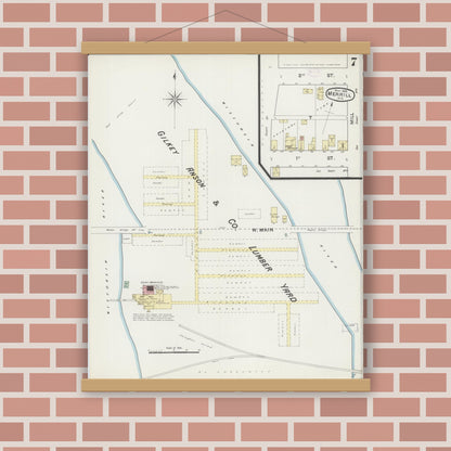 Old map wall art mockup — magnetic wood frame on brick wall — Sanborn Fire Insurance Map from Merrill, Lincoln County, Wisconsin (1888), Sheet #0007