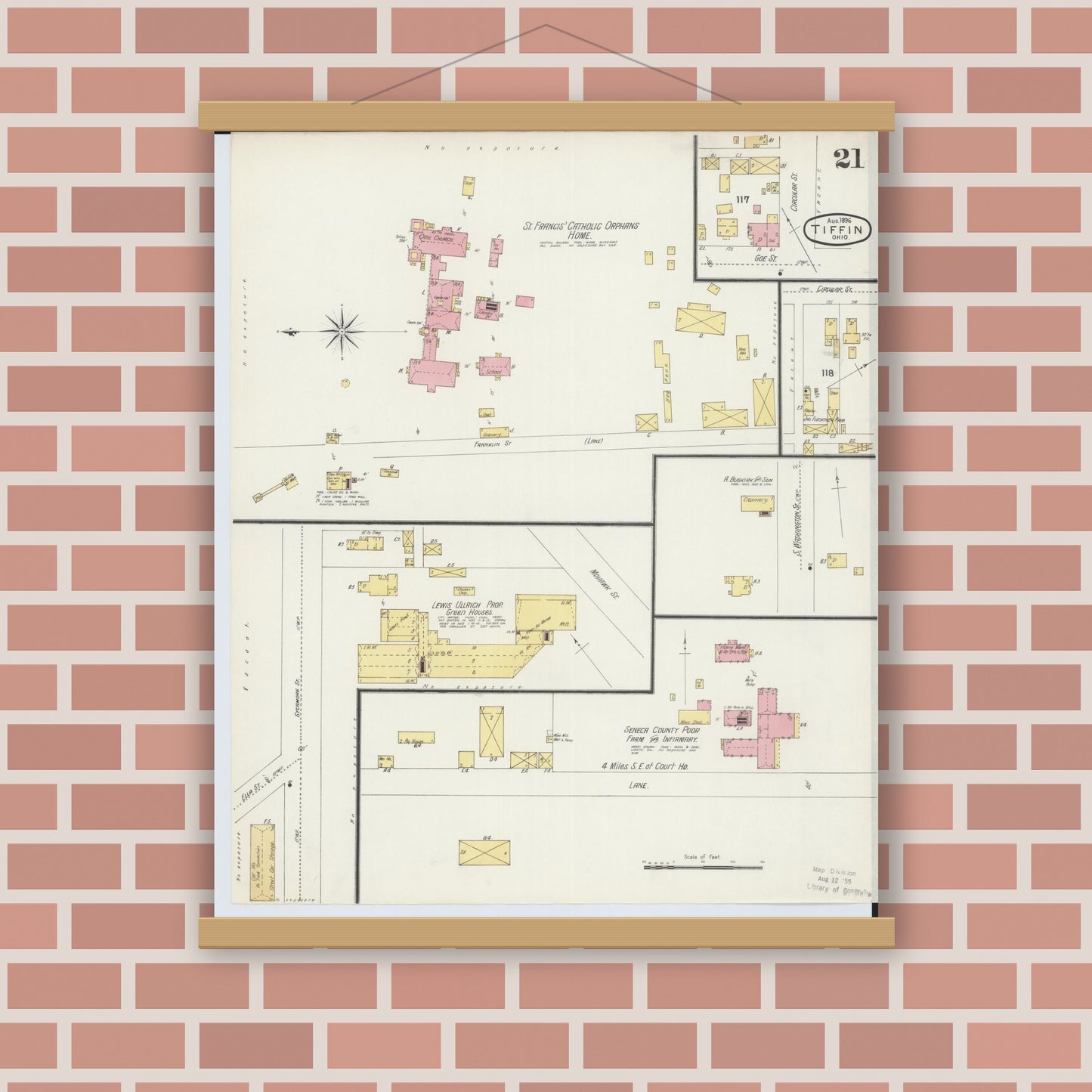 Old map wall art mockup — magnetic wood frame on brick wall — Sanborn Fire Insurance Map from Tiffin, Seneca County, Ohio (1896), Sheet #0021