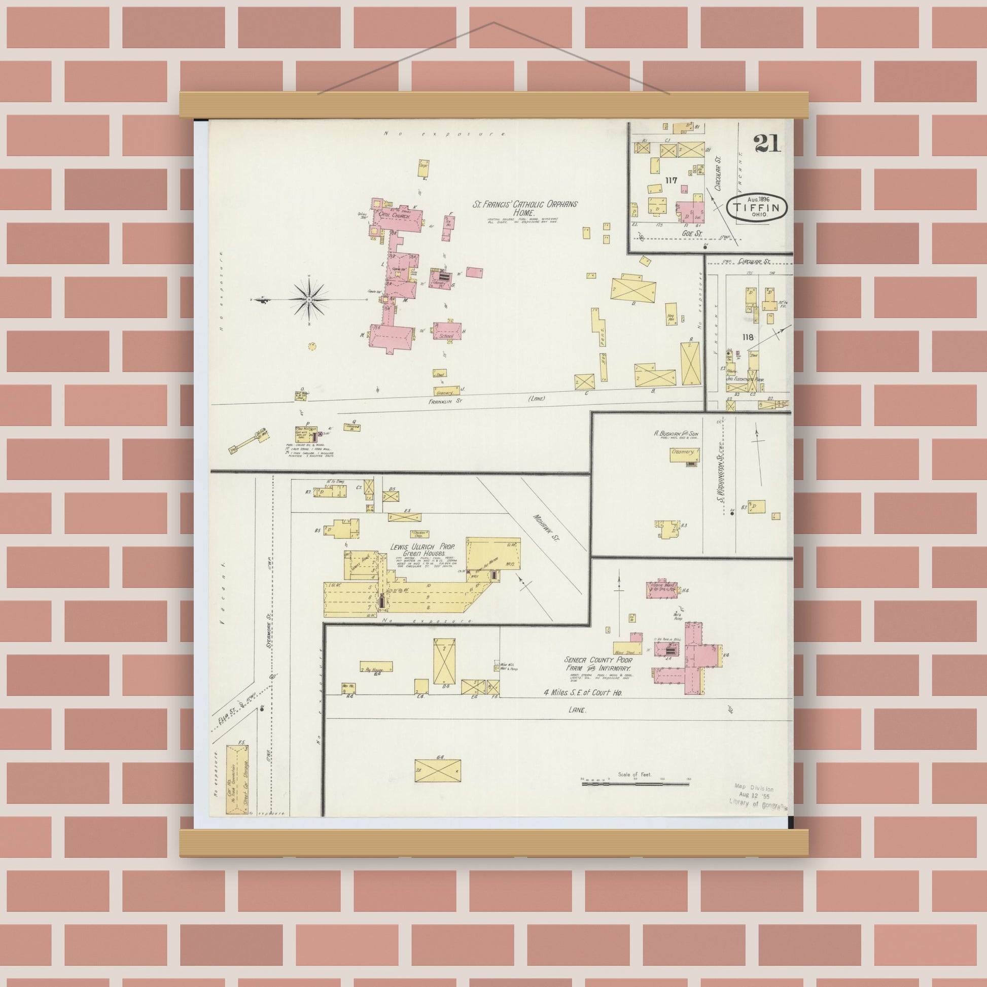 Old map wall art mockup — magnetic wood frame on brick wall — Sanborn Fire Insurance Map from Tiffin, Seneca County, Ohio (1896), Sheet #0021