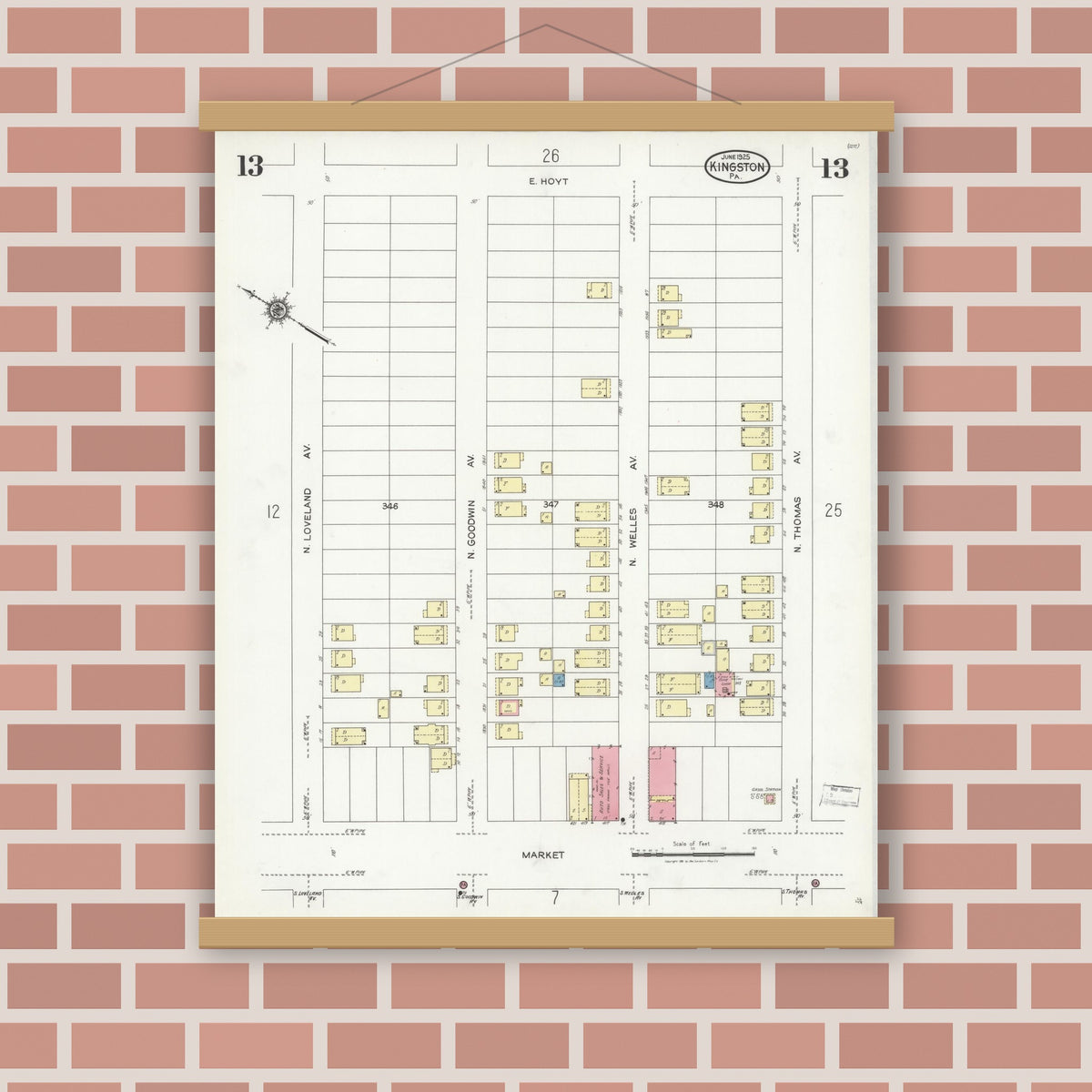 Old map wall art mockup — magnetic wood frame on brick wall — Sanborn Fire Insurance Map from Kingston, Luzerne County, Pennsylvania (1925), Sheet #0013
