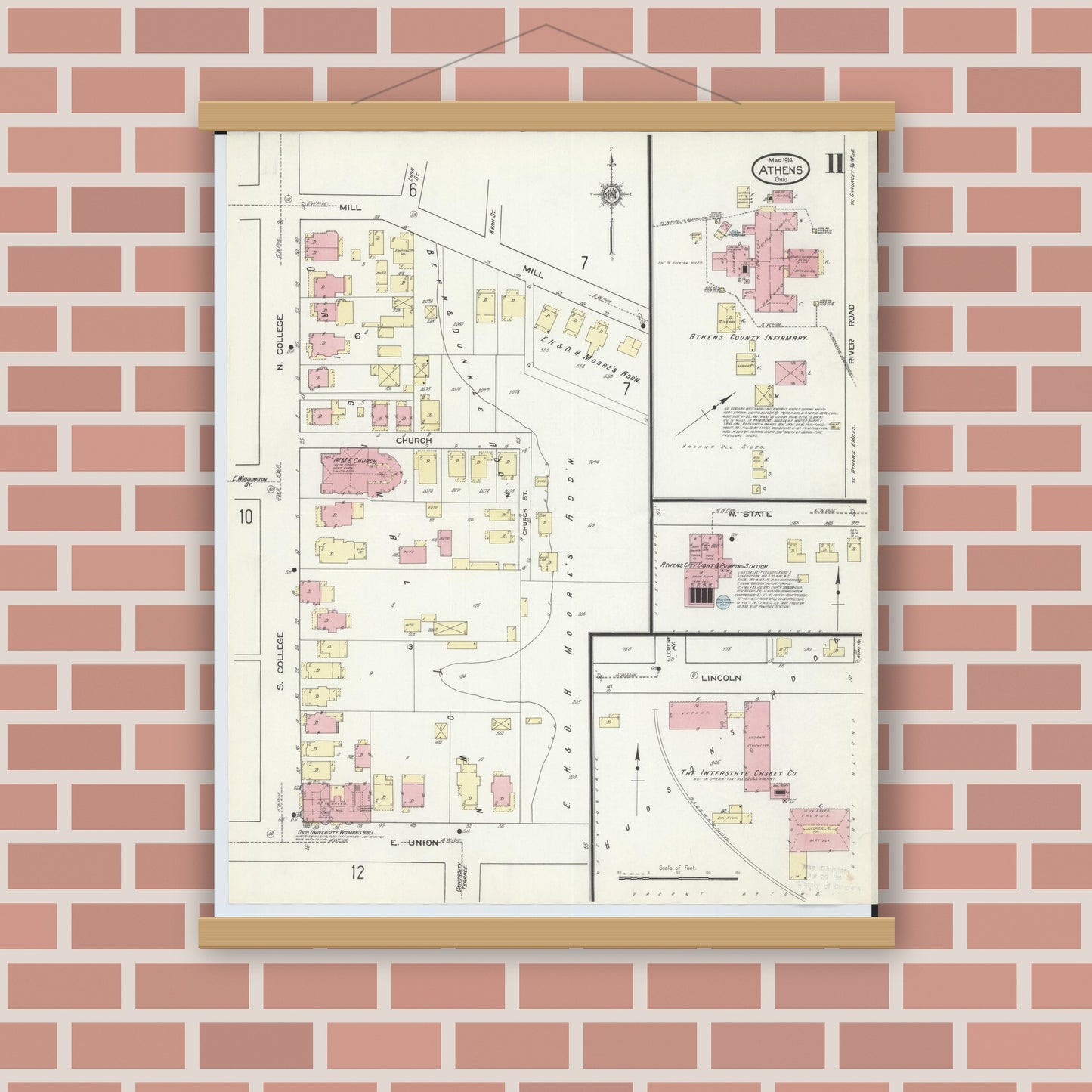 Old map wall art mockup — magnetic wood frame on brick wall — Sanborn Fire Insurance Map from Athens, Athens County, Ohio (1914), Sheet #0011