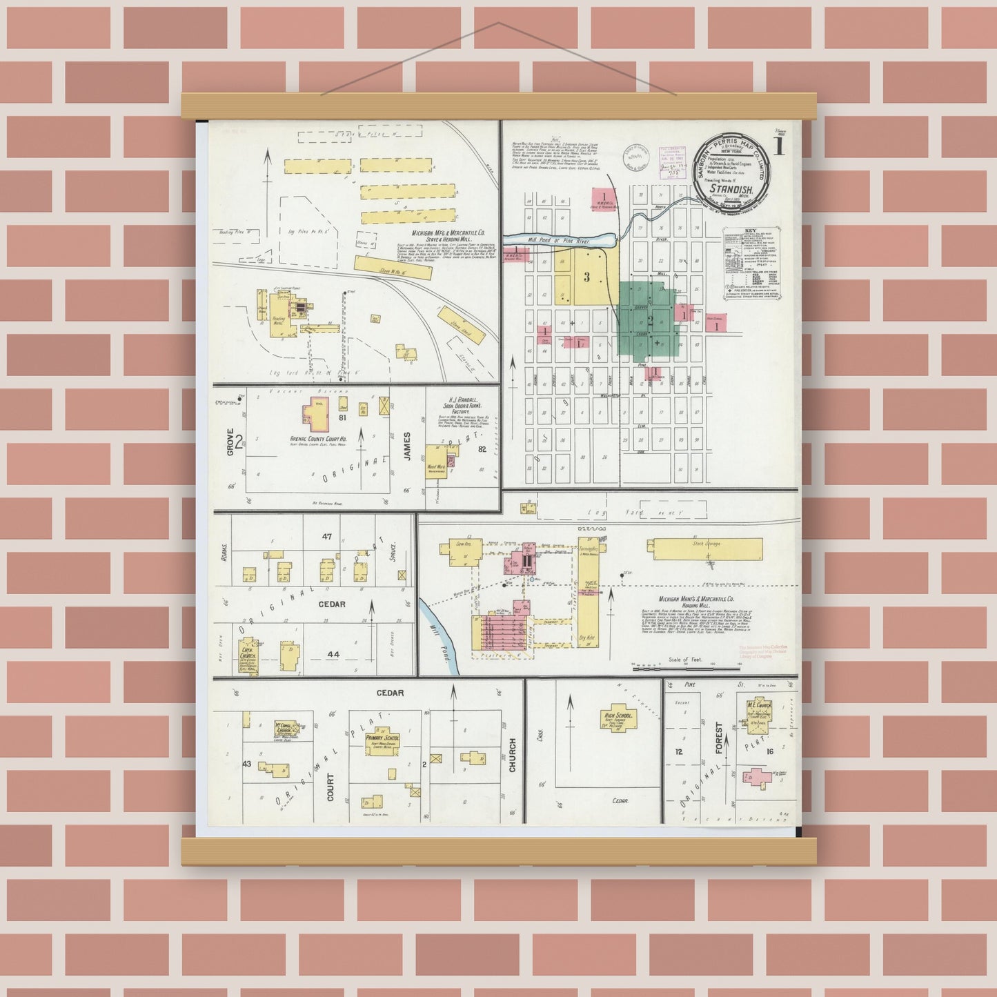 Old map wall art mockup — magnetic wood frame on brick wall — Sanborn Fire Insurance Map from Standish, Arenac County, Michigan (1901), Sheet #0001