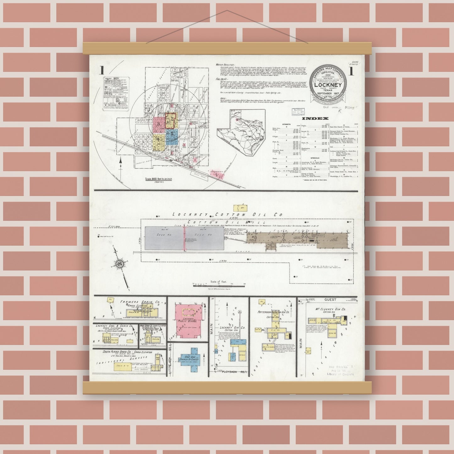 Old map wall art mockup — magnetic wood frame on brick wall — Sanborn Fire Insurance Map from Lockney, Floyd County, Texas (1927), Sheet #0001