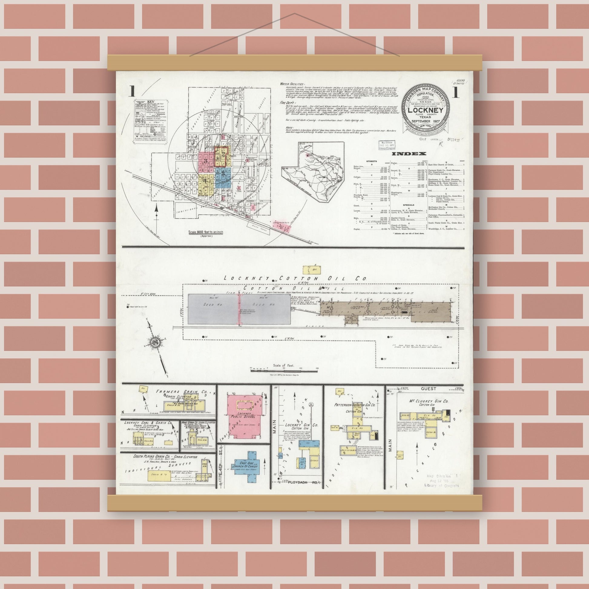 Old map wall art mockup — magnetic wood frame on brick wall — Sanborn Fire Insurance Map from Lockney, Floyd County, Texas (1927), Sheet #0001