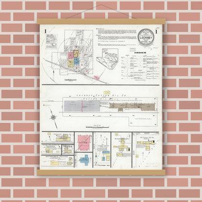 Old map wall art mockup — magnetic wood frame on brick wall — Sanborn Fire Insurance Map from Lockney, Floyd County, Texas (1927), Sheet #0001