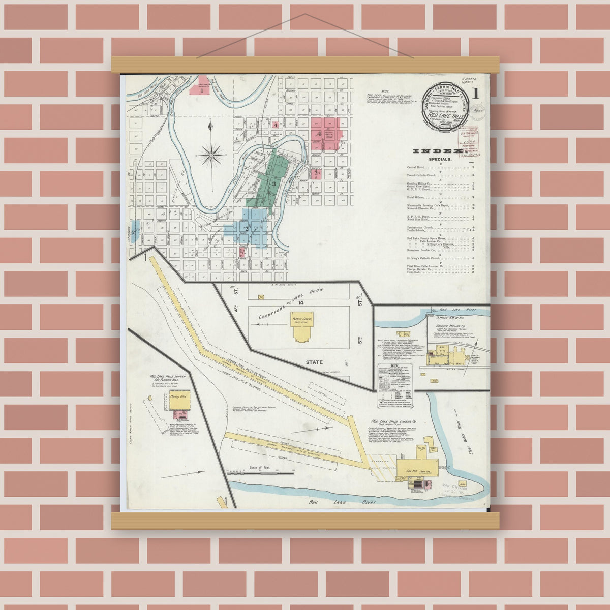 Old map wall art mockup — magnetic wood frame on brick wall — Sanborn Fire Insurance Map from Red Lake Falls, Red Lake County, Minnesota (1899) - Complete Map Set