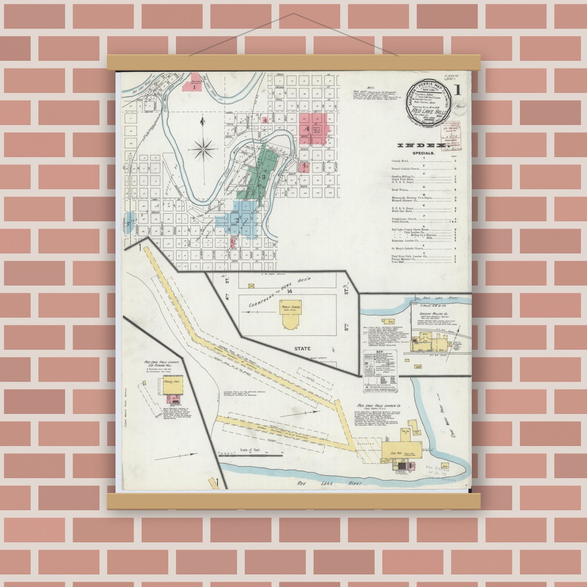 Old map wall art mockup — magnetic wood frame on brick wall — Sanborn Fire Insurance Map from Red Lake Falls, Red Lake County, Minnesota (1899) - Complete Map Set