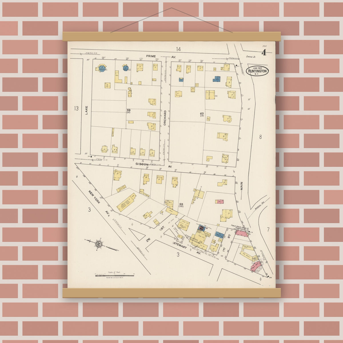 Old map wall art mockup — magnetic wood frame on brick wall — Sanborn Fire Insurance Map from Huntington, Suffolk County, New York (1922), Sheet #0004