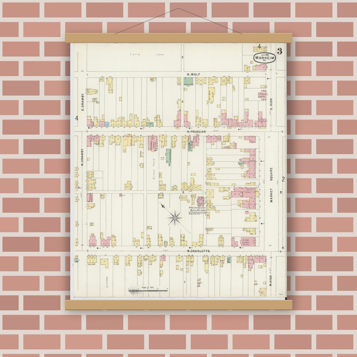 Old map wall art mockup — magnetic wood frame on brick wall — Sanborn Fire Insurance Map from Manheim, Lancaster County, Pennsylvania (1896), Sheet #0003