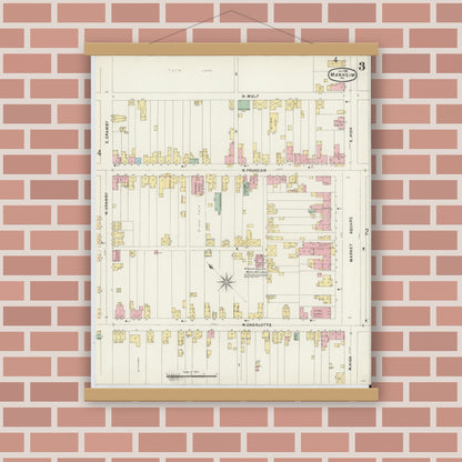 Old map wall art mockup — magnetic wood frame on brick wall — Sanborn Fire Insurance Map from Manheim, Lancaster County, Pennsylvania (1896), Sheet #0003